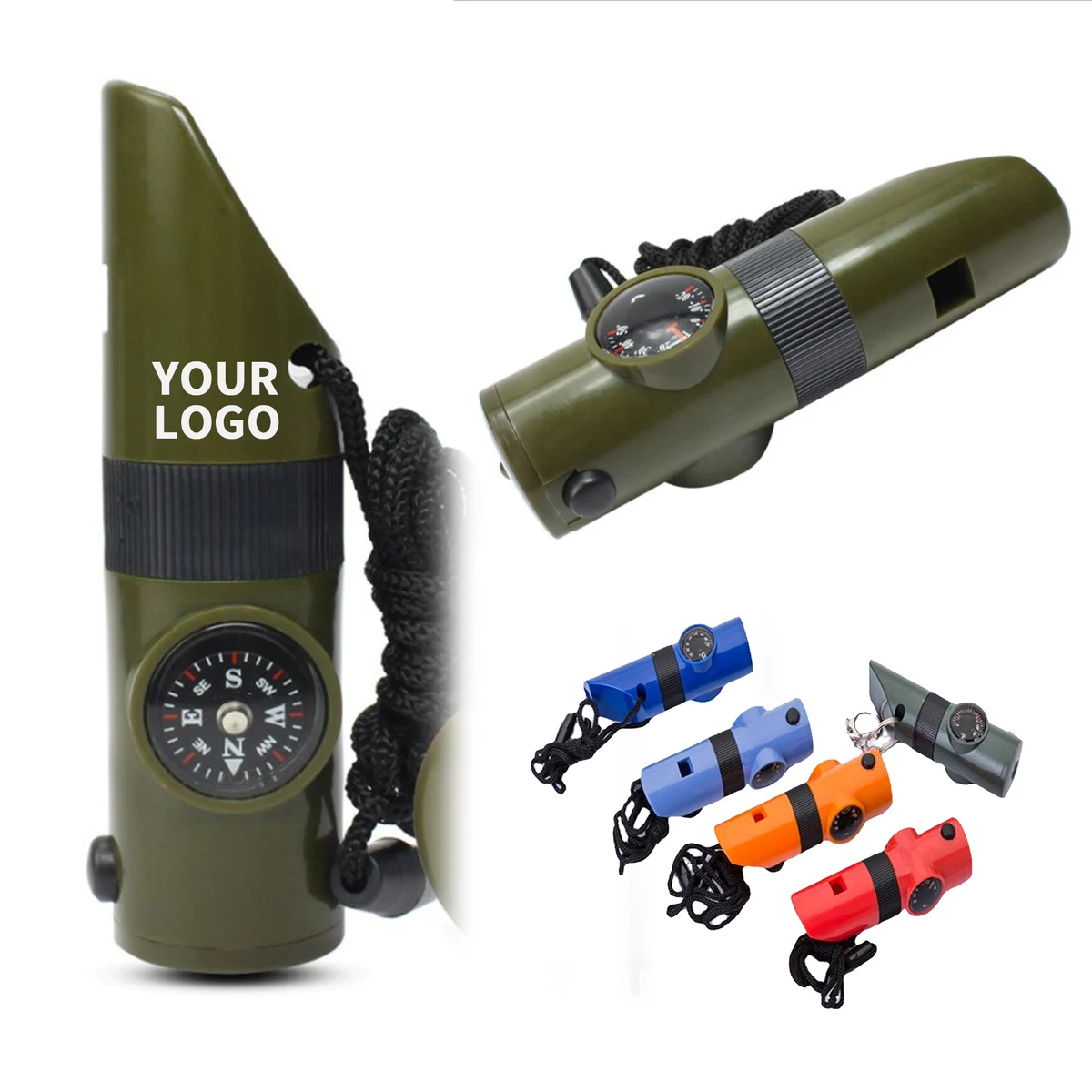 Seven In One Survival Whistle With Compass Thermometer Storage 3.94" 1