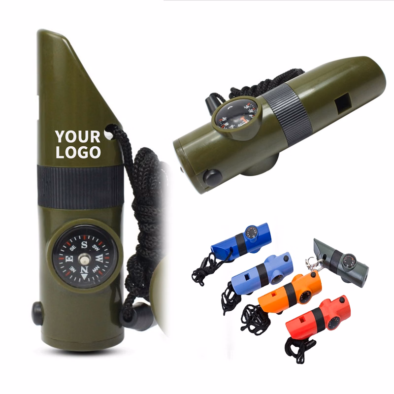 Seven In One Survival Whistle With Compass Thermometer Storage 3.94"