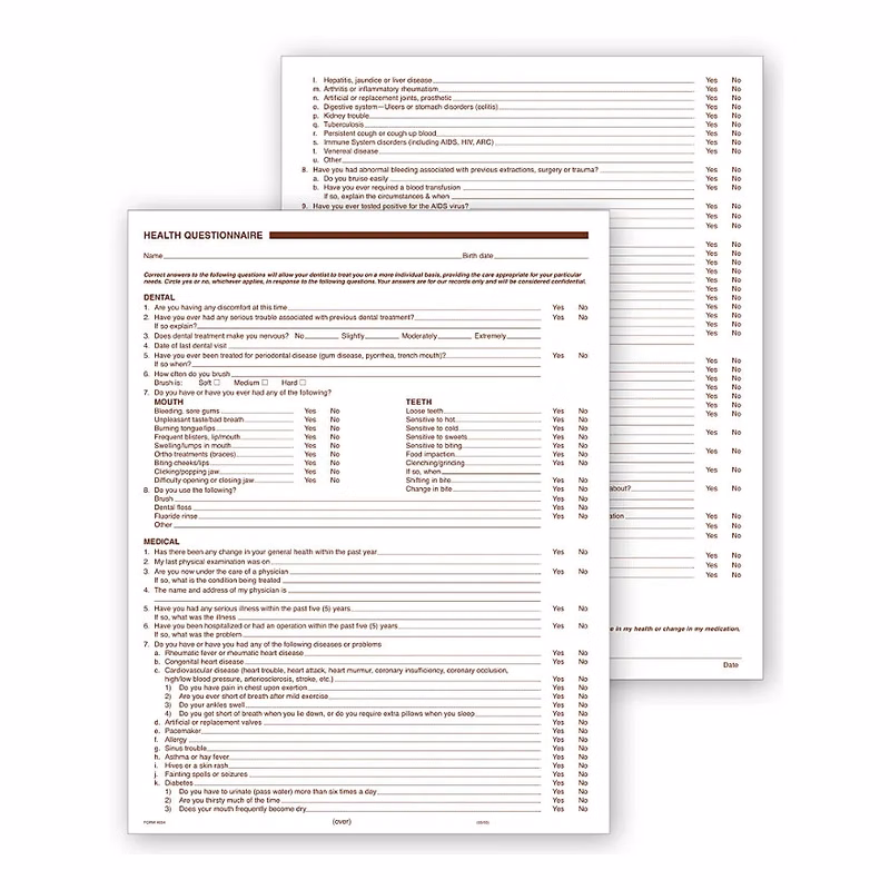 Dental Health History Questionnaires, 2 Sided, No Hole Punch