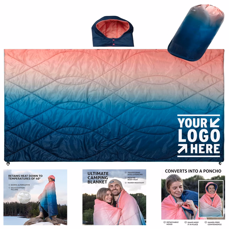 Detachable Hood Lightweight Packable Backpacking Travel Camping Blanket With Carrying Bag