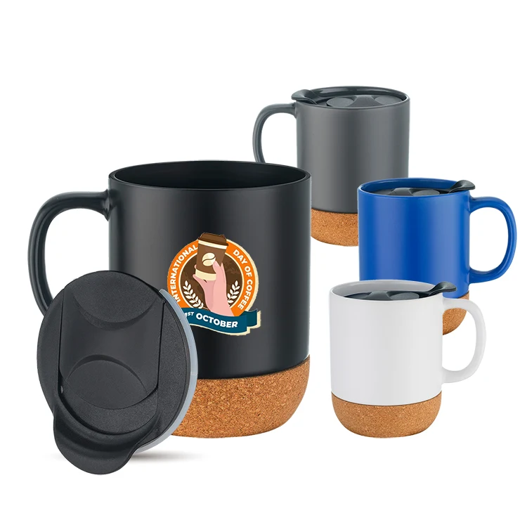 12 oz. Two-tone Barista Cork Bottom Ceramic Mug with Lid 1