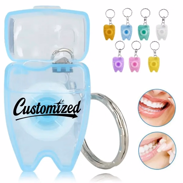 Custom Tooth Shaped Dental Floss Dispenser Keychain — Dental & Wellness Promo