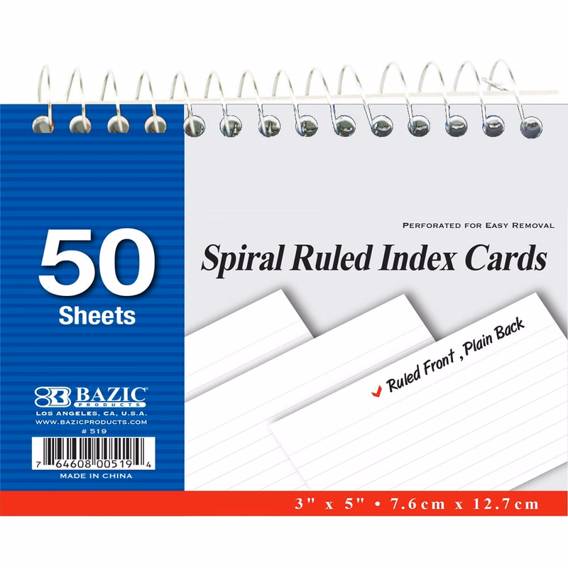 Spiral Bound Index Cards - 50 Count Ruled