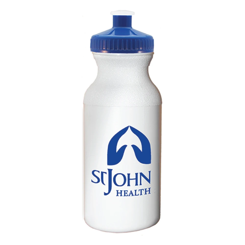 20 oz. Economy White Bike Bottle with Blue 53mm Push Pull Lid 1