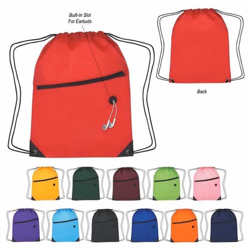 Durable Lightweight Sports Drawstring Backpack with Front Zipper Pocket