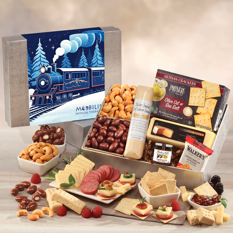 Shelf Stable Snacking Smorgasbord with Holiday Train Sleeve