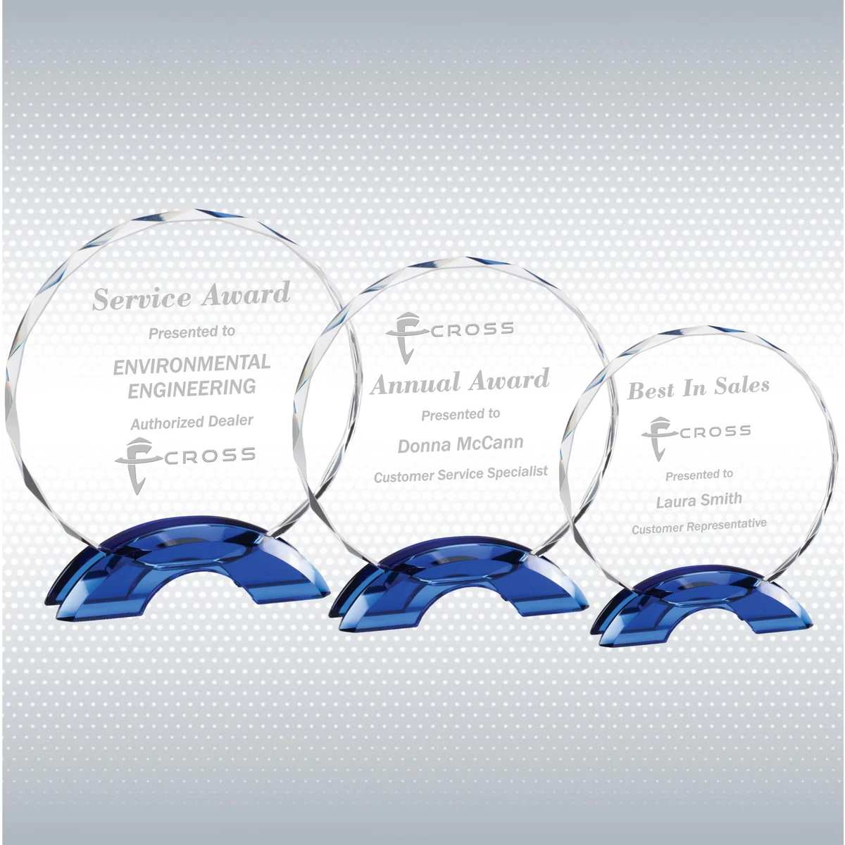 6 3/4" Round Faceted Crystal Plaque On Blue Base 1