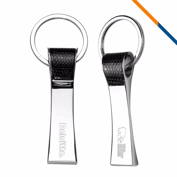 Custom Chrome Sharp Key Tag with Pebbled Leatherette Attachment — Corporate Gifting