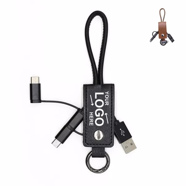 Custom 3 in 1 PU Leather Phone Charging Keychain Cable — Compact Carry Essential