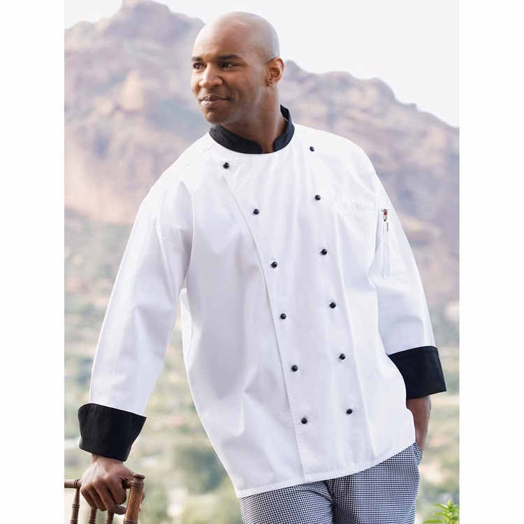 White Rialto 100% Cotton Executive Chef Coat with Black Trim and 12 Stud Buttons