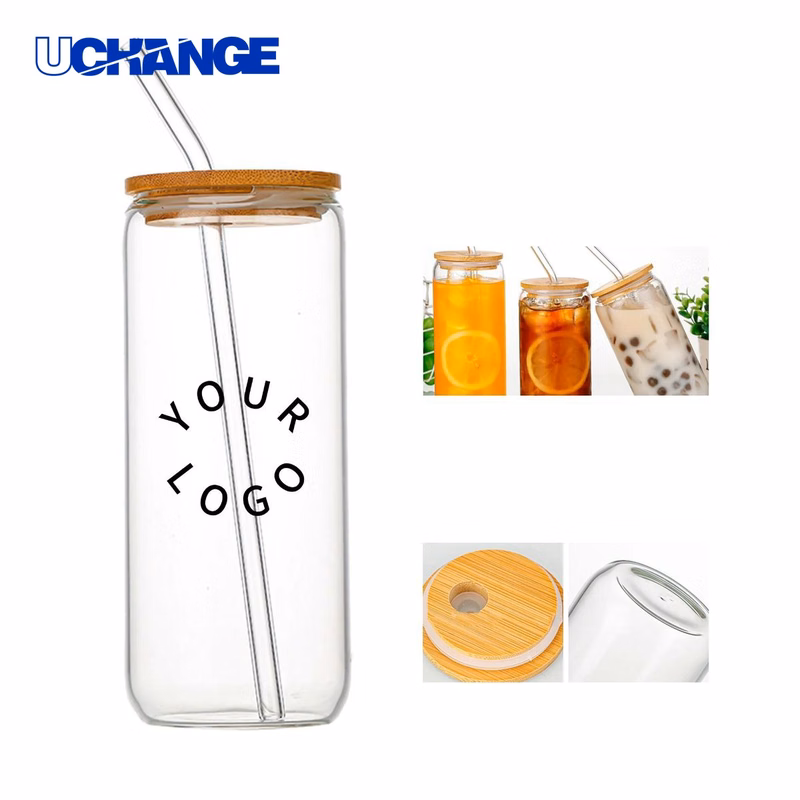 Glass Tumbler 16oz with Bamboo Lid and Straw