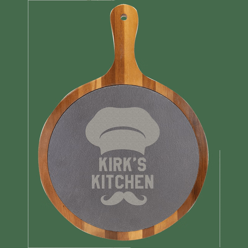 10 1/2" x 14 1/2" Round Acacia Wood/Slate Serving Board with Handle