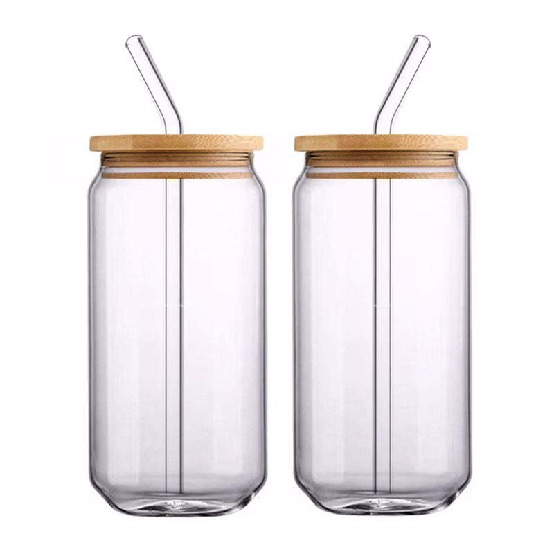 12Oz Clear Glasses Water Bottle With Wooden Lid And Straw