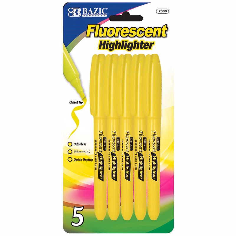 Highlighters - Fluorescent Yellow Chisel Tip 5 Pack