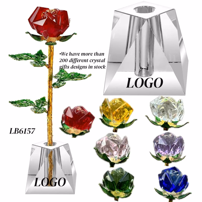 Cut Crystal Rose Flower SET with Stand Romantic Gift for Her