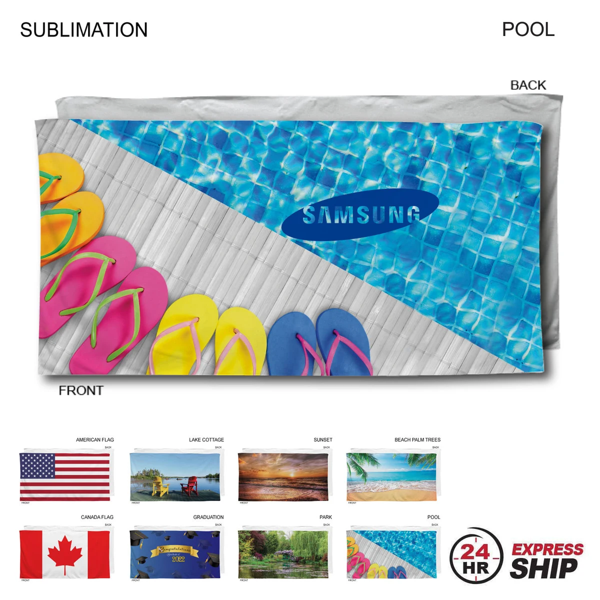 24Hr Express Ship - Stock Design, Heaviest Weight, Plush Velour Terry Beach Towel, 30x60, Sublimated 1