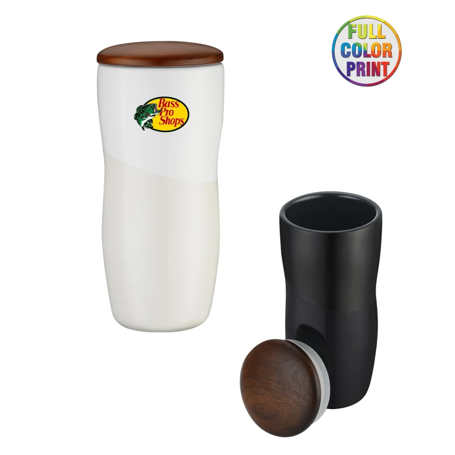Union Printed - 12oz Double Wall Shiny Ceramic Tumbler w/ Wood lid 1