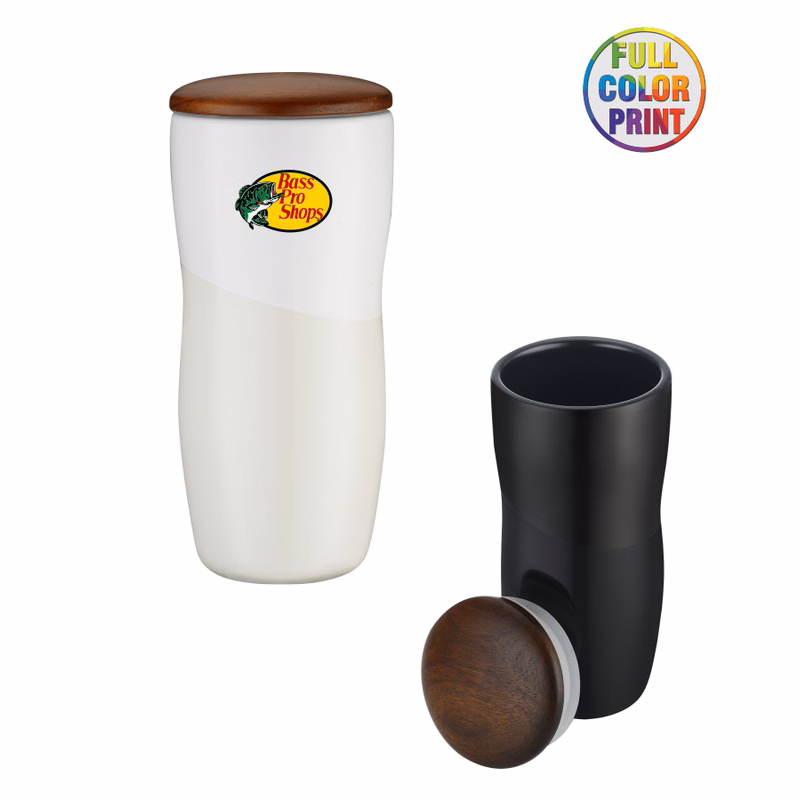 Union Printed - 12oz Double Wall Shiny Ceramic Tumbler w/ Wood lid