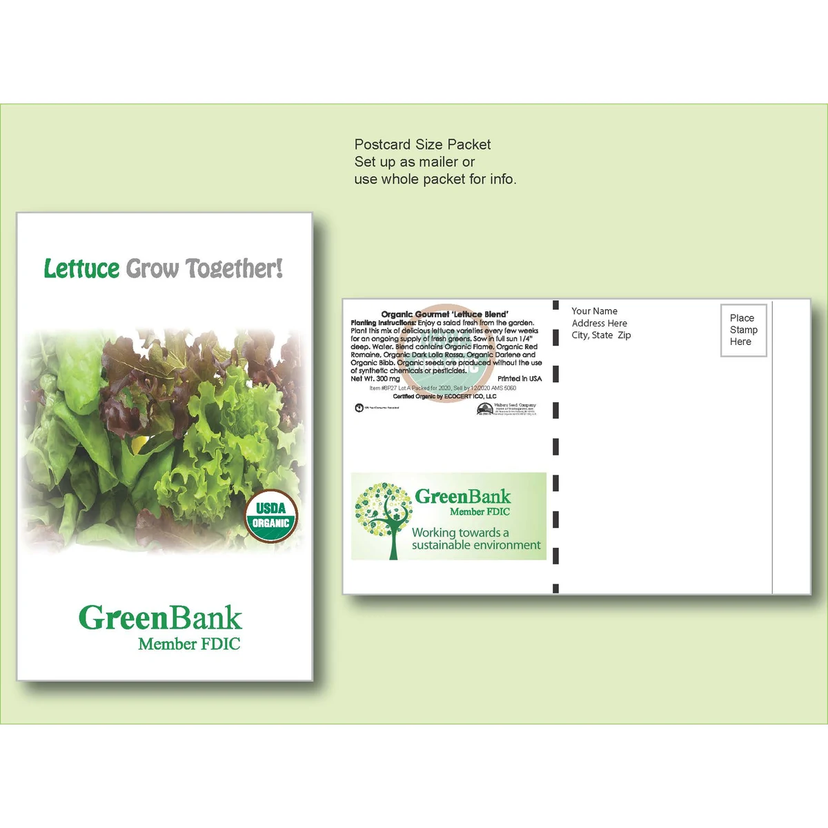 Organic Lettuce Gourmet Blend Seed Packet - Postcard Mailer Size 4" x 6.5" 1