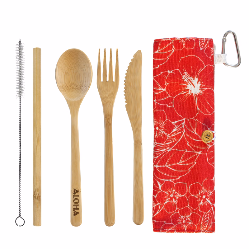 Take-Along Flatware Utensil Roll - Red Hibiscus