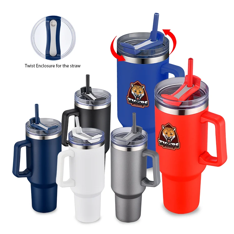 40 oz. PP Inner Double Wall Insulated Travel Handle Mug w/Straw & Twist Closure Lid 1