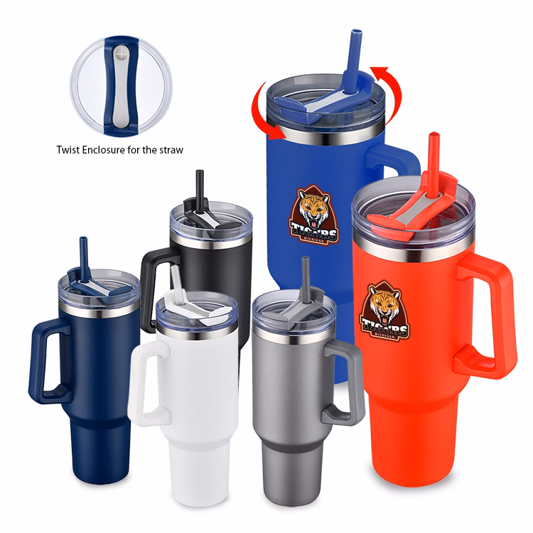 40 oz. PP Inner Double Wall Insulated Travel Handle Mug w/Straw & Twist Closure Lid