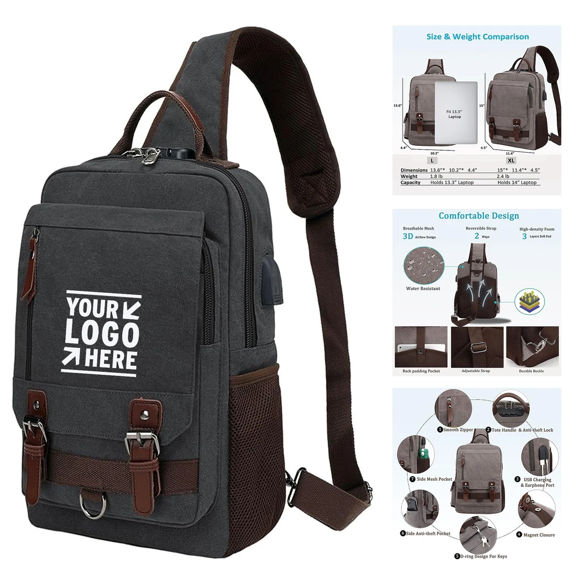 Travel Canvas Messenger Bag Laptop Casual Sling Crossbody Backpack for Men Women 1