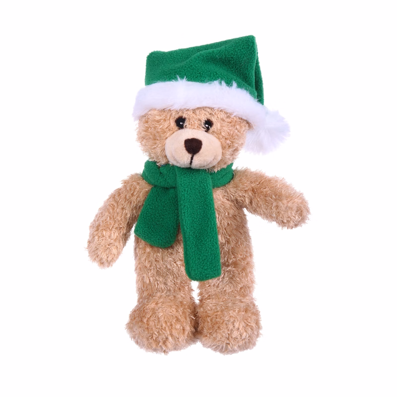 Soft Plush Tan Bear with Christmas Hat and Scarf