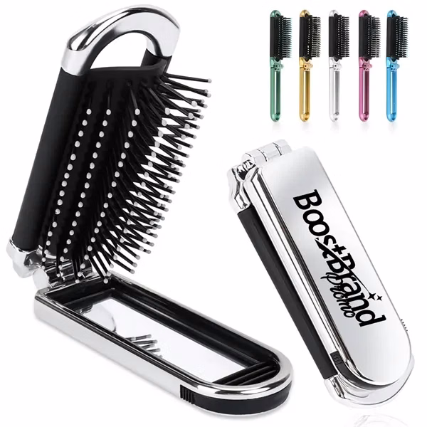 Custom Foldable Travel Hairbrush with Built-In Mirror — Compact Grooming Promo