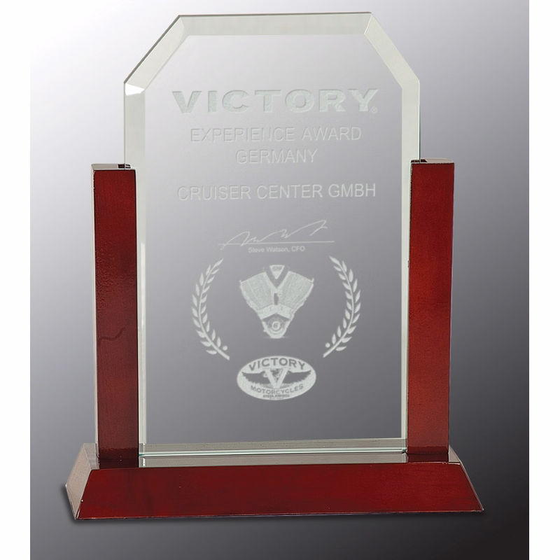 9" Jade Clip Corner Glass Award with Rosewood Piano Finish Base