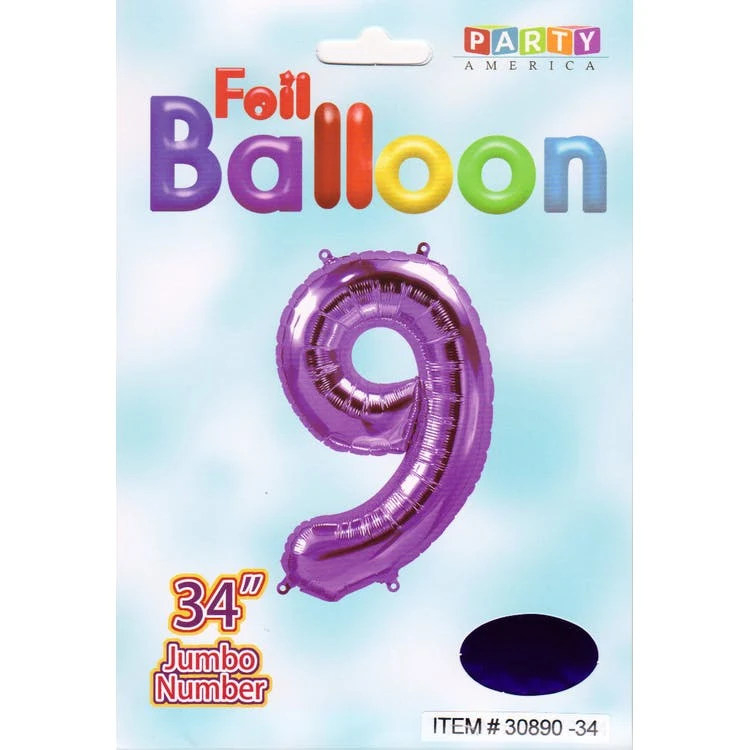 Mylar Number 9 Balloons - Purple 34" 1