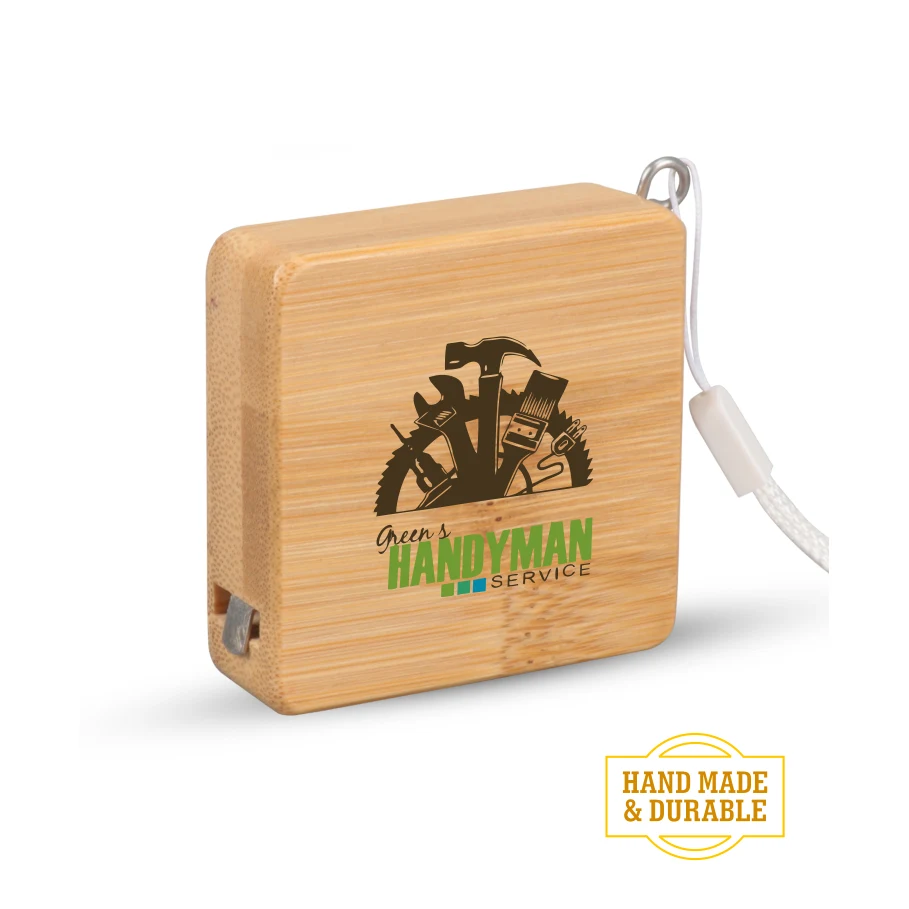 Union Printed - Bamboo Wood (3ft) Square Shaped Tape Measure and Wrist Band with Full Color Logo 1