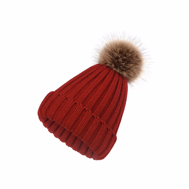 Acrylic Knit Winter Hat With Removable Faux Fur Pom
