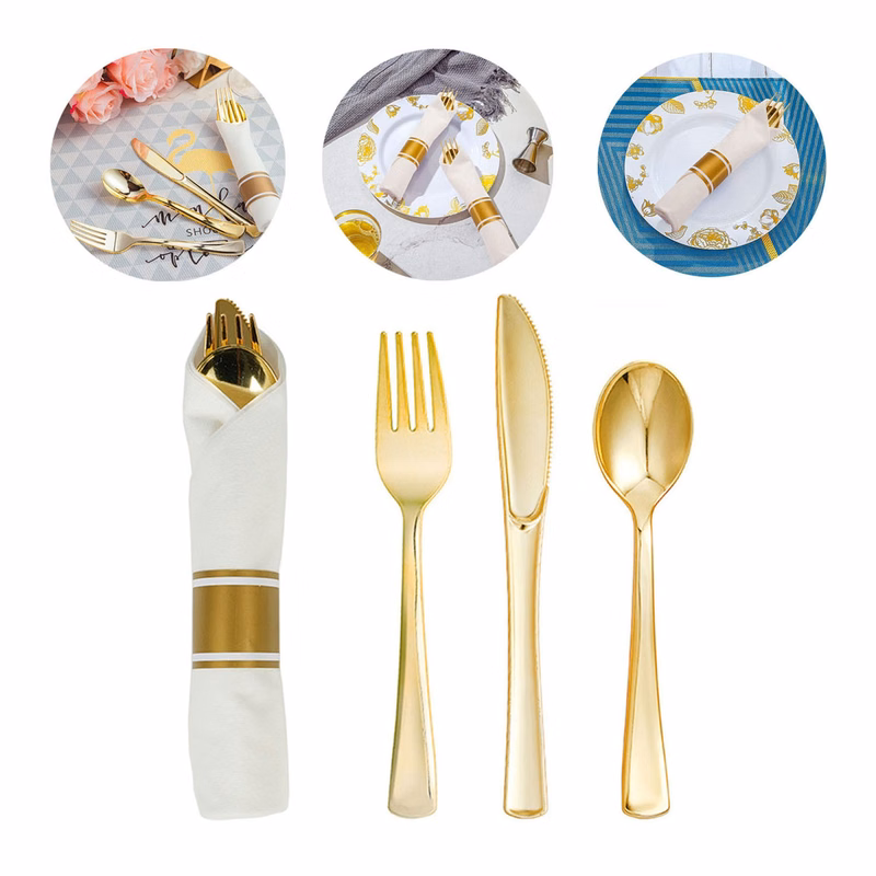 Wrapped Disposable Silverware Set with Fork Knives Spoon White Napkins
