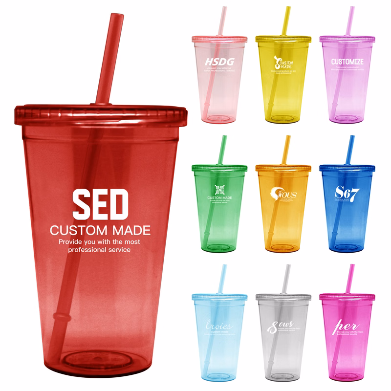 Double Wall Clear Plastic Cup With Lid And Straw