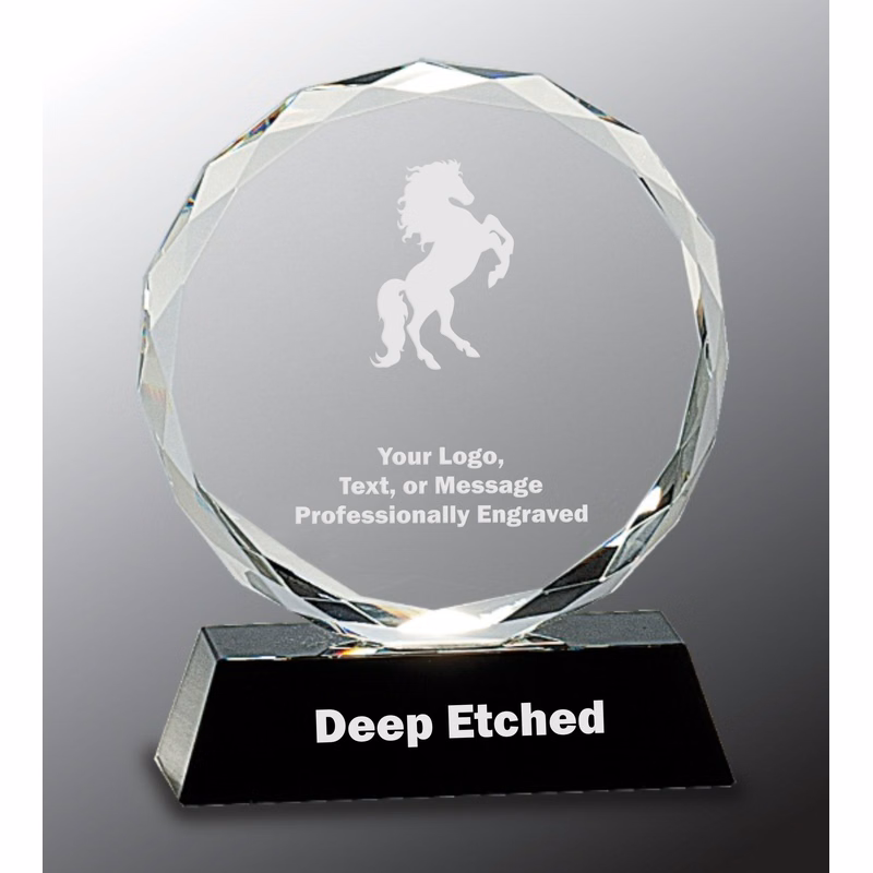 6" Round Facet Crystal on Black Pedestal Base Award