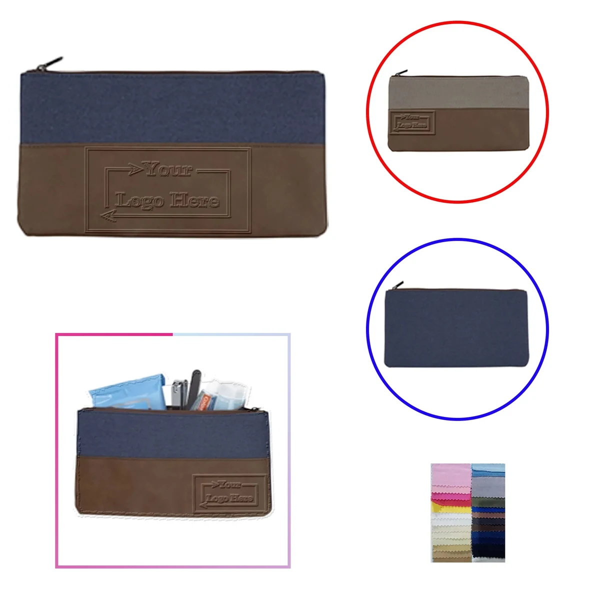 Debossed Handy Bombay PU Leather Cotton Canvas Zipper Pouch 1