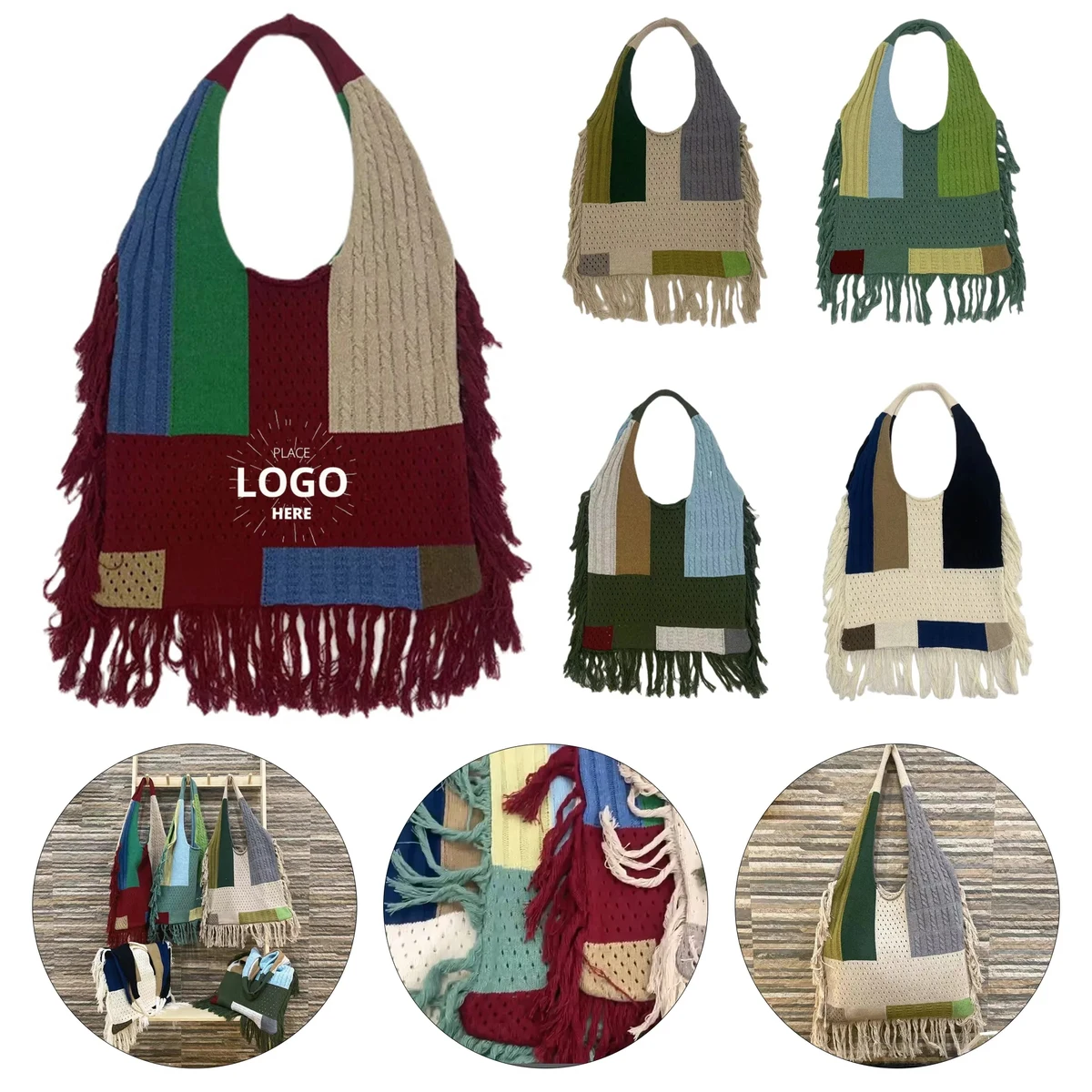 Tassel Patchwork Knitted Tote Bag 1