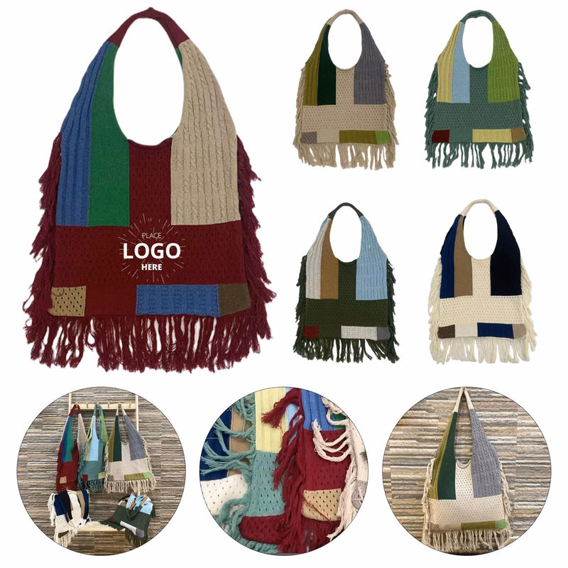 Tassel Patchwork Knitted Tote Bag