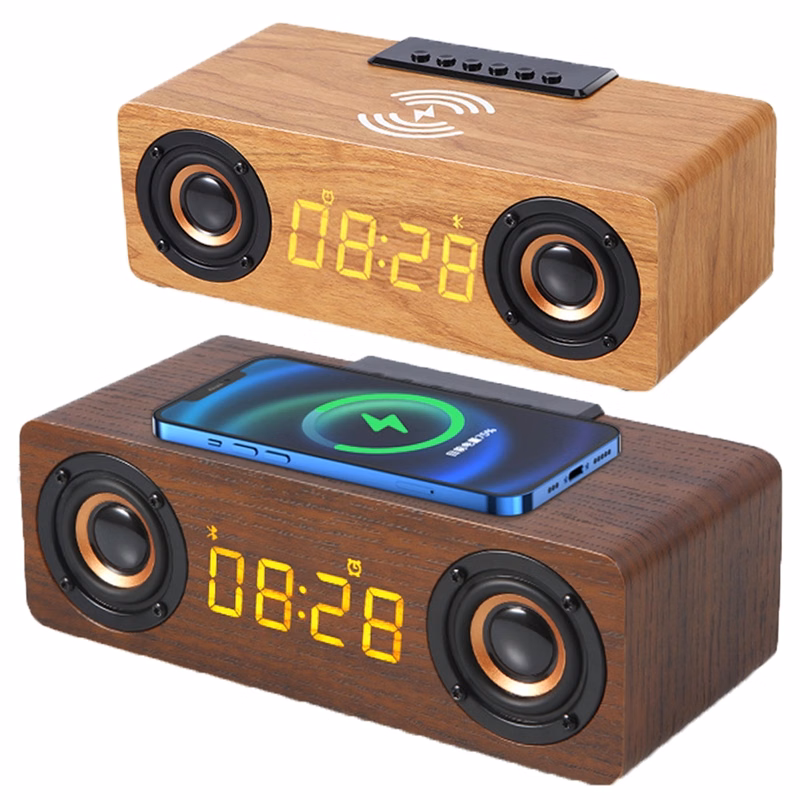 Wooden Wireless Charger Speaker With Alarm Clock