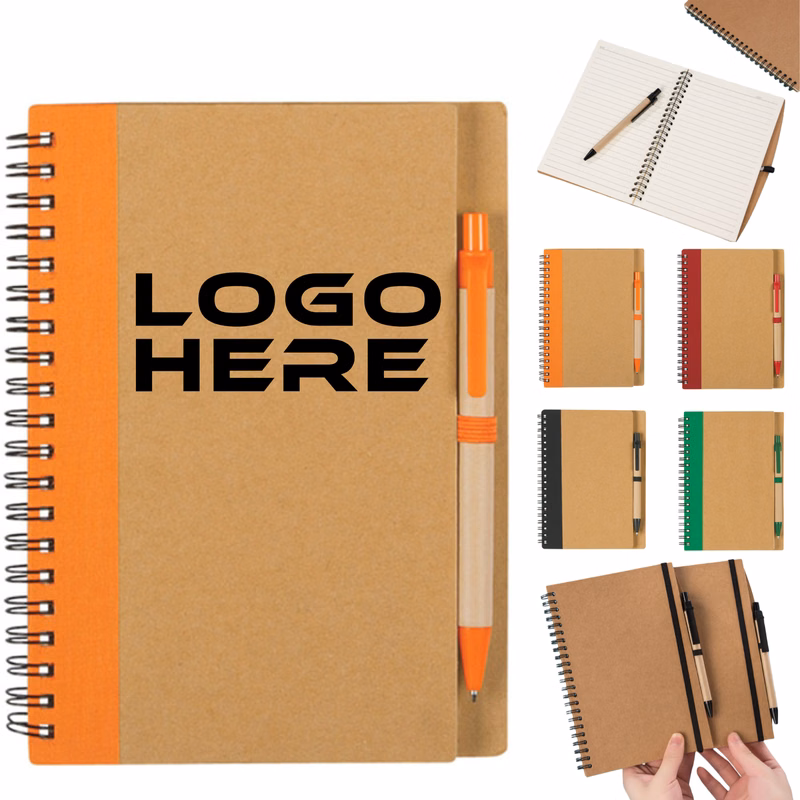 5"x7" Soft Cover Kraft Spiral Notebook with Pen