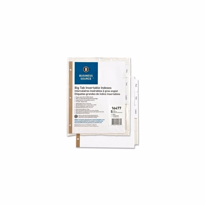 Index Dividers - 5 Count White Stock Large Clear Tabs