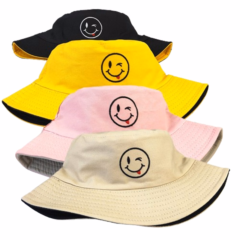 Cotton Bucket Hat With Smile Embroidery
