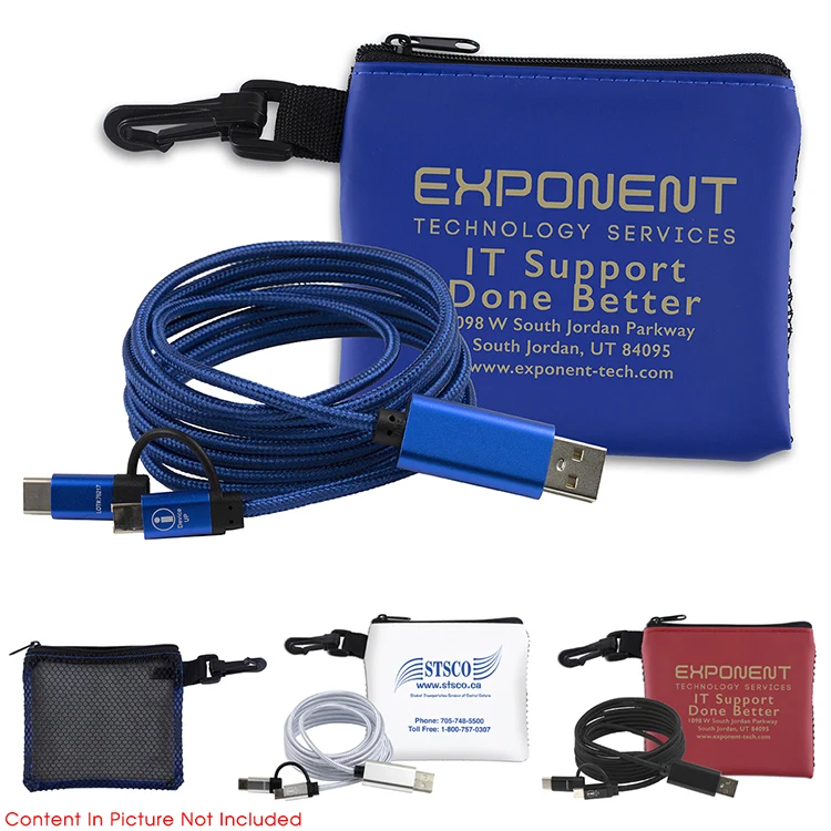 “TechMesh Wired” Mobile Tech Charging Cable Kit in Mesh Zipper Pouch Components inserted into Zipper 1