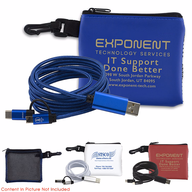 “TechMesh Wired” Mobile Tech Charging Cable Kit in Mesh Zipper Pouch Components inserted into Zipper