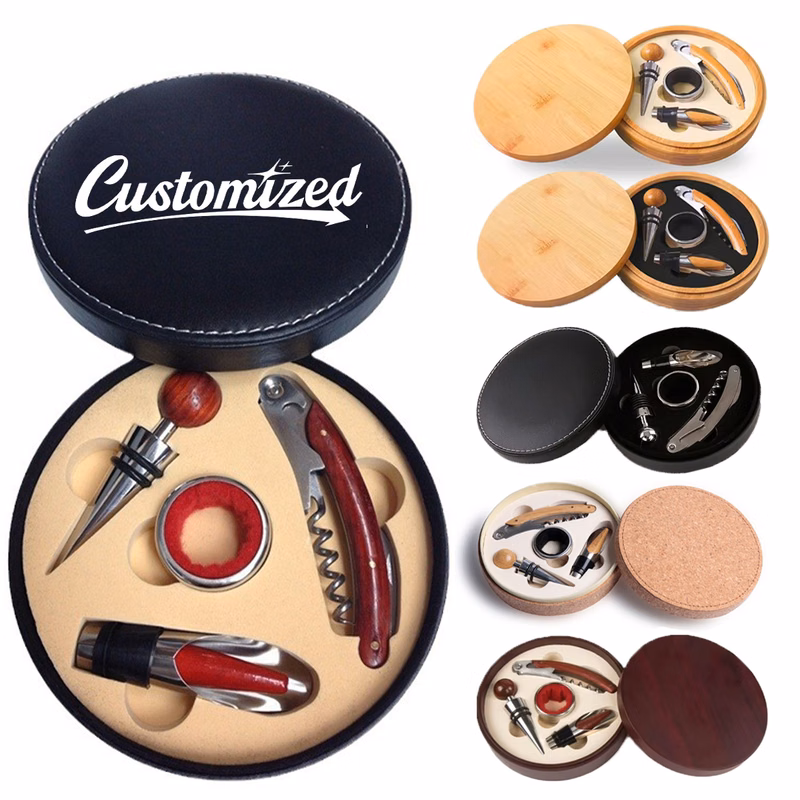 4-Piece Wine Tool Gift Set in Round Leather Case