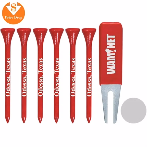 Custom 6 Bamboo Golf Tees with Metal Divot Tool and Ball Marker Set — Tournament Eco Gift