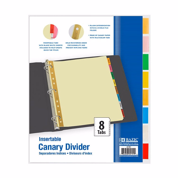 3 Ring Binder Paper Dividers - 8 Color Tabs
