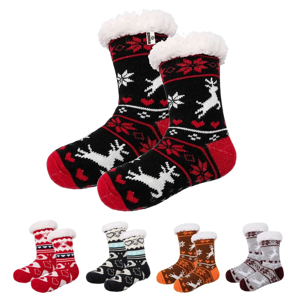 Women's Non-Slip Crew Socks - Hearts Sherpa-Lined 1