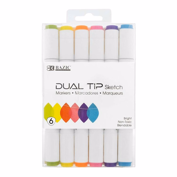 Dual Tip Fluorescent Markers - 6 Assorted Colors